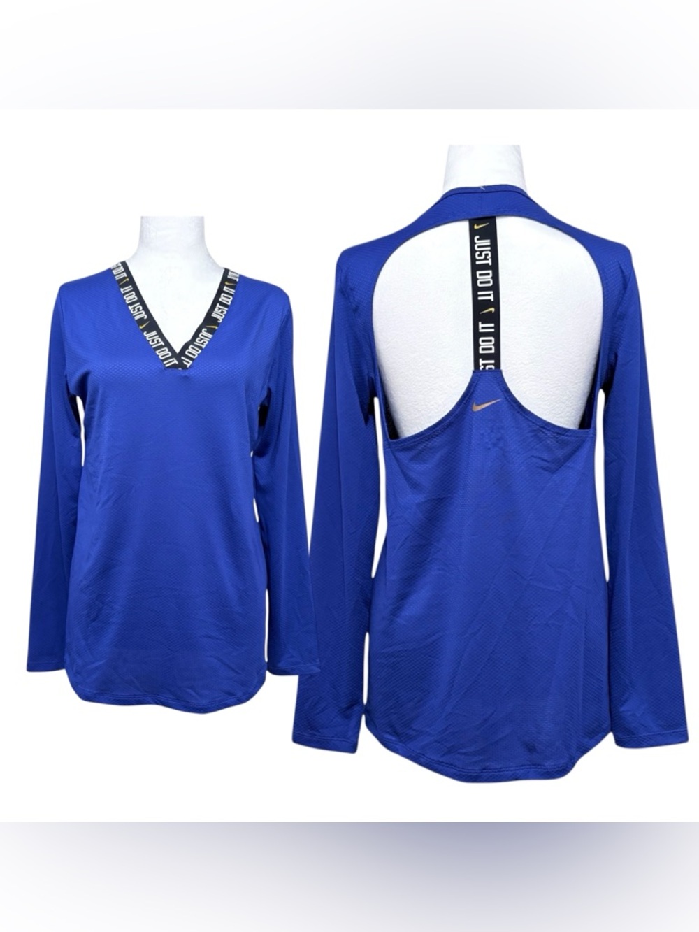 Nike Royal Blue Long Sleeve V-Neck Open back Performance Dri Fit Top Sz Small